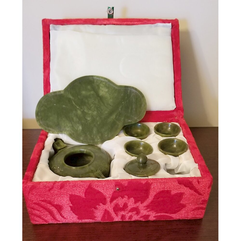 Carved Green Jade Teapot Set of 4 /w Tray